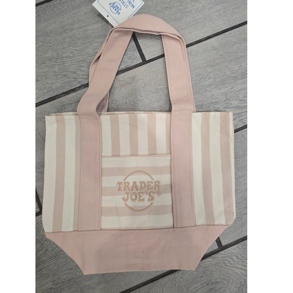 Trader Joe's Mini Canvas Tote Bag Pink Mauve Striped Limited Edition Grocery NWT